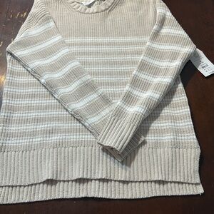 Tan and White Crew Neck Striped Sweater with Chunky Knit
